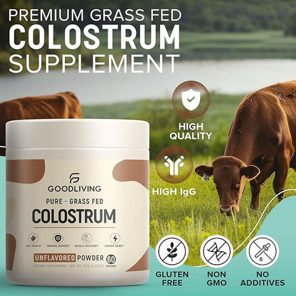 Colostrum Supplement Powder for Immune Support, Gut Health, Muscle Support & Wellness - Grass Fed Bovine Colostrum for Humans, Natural IgG Pure Whole Colostrum, Unflavored, 60 Servings