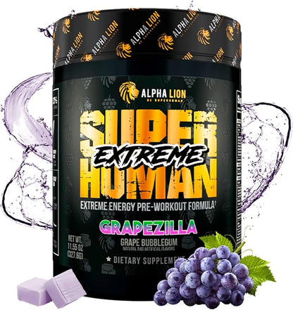ALPHA LION Superhuman Extreme Pre Workout Powder, Beta Alanine, L-Taurine & Tri-Source Caffeine for Sustained Energy, Nitric Oxide & Citrulline for Pump (21 Servings, Grape Flavor)
