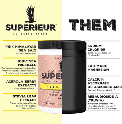 Superieur Electrolytes – Plant Based Electrolyte Supplement w/Sea Minerals for Hydration & Recovery – Keto Friendly, Non-GMO, Zero Sugar, Vegan Healthy Sports Drink Powder – Lola Lemon (70 Servings)