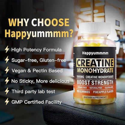 Creatine Monohydrate Gummies 5000mg for Men & Women, Chewables Creatine Monohydrate for Muscle Strength, Muscle Builder, Energy Boost, Pre-Workout Supplement(90 Count)-Pineapple-2pack.