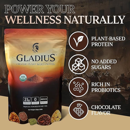 GLADIUS Organic Plant Based Protein Powder | Chocolate | 15 Servings | 21g of Protein | Plant Based | No Sugars Added | Rich in Probiotics