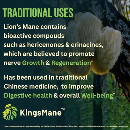 KingsMane™ Organic Lion's Mane Mushroom Supplement, Memory, Focus, & Clarity Brain Support, 1200mg, 60 Capsules