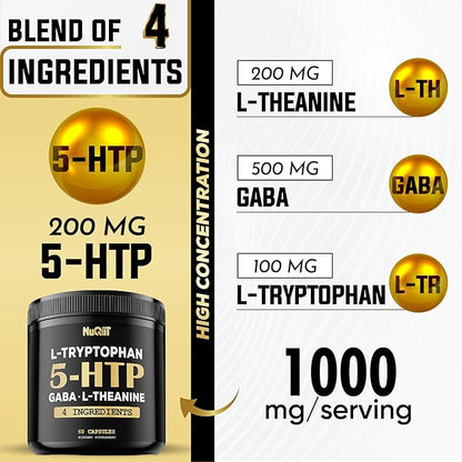 5 HTP 200mg GABA 500mg L-Theanine 200mg L-Tryptophan 100mg Supplement - Support Brain, Circulation Health, Concentration & Rest Well - 60 Capsules for 1 Month - 4in1 Premium Blend