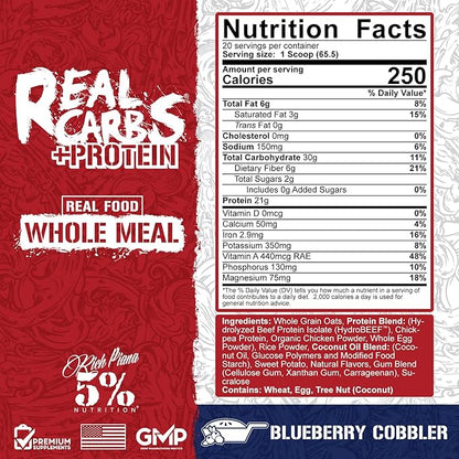 5% Nutrition Rich Piana Real Carbs + Protein | Clean Mass Gainer Protein Powder | Real Food Carbohydrate Fuel for Pre Workout/Post-Workout Recovery Meal | 2.89 lb, 20 Srvgs (Blueberry Cobbler)