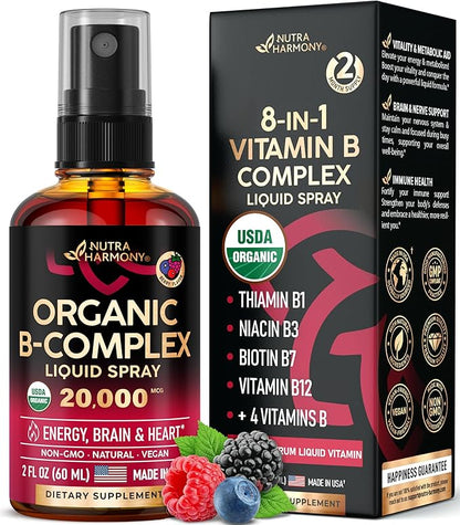 USDA Organic Vitamin B-Complex Liquid Spray 8-in-1 - B5 Pantothenic Acid | B12 Methylcobalamin | B1 Thiamine | B6 Pyridoxine | B7 Biotin | B9 Folic | B3 Niacinamide - Made in USA Supplement, 2fl oz