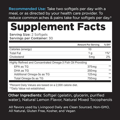 Livingood Daily Fish Oil Supplements with Omega 3 Fatty Acid, Omegas (60 Softgels) - EPA & DHA Fish Oil Pills Support Heart & Joint Health - Promotes Healthy Digestion & Brain Function - Non-GMO