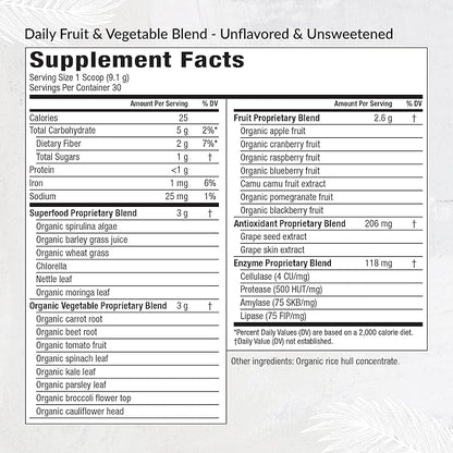 Equilife - Daily Fruit & Vegetable Blend, Fruits and Vegetables Supplements, Vitamin C, 9 Essential Amino Acids, Promotes Energy, Low-Sugar, Easy-to-Use, Vegan, Non-GMO (Unflavored, 30 Servings Tub)