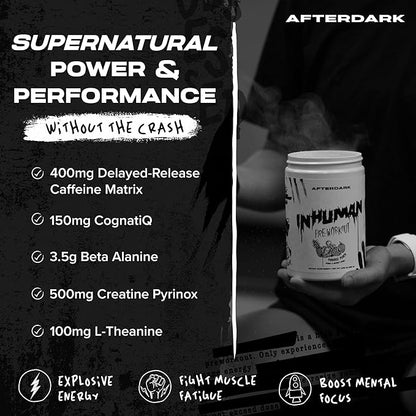AFTERDARK INHUMAN Pre-Workout Powder, Enhanced Mind-Muscle Connection, Sustained Energy, Potent Nootropic Blend, Vegan, Gluten-Free, Soy-Free, 400mg Caffeine, No Crash, SnowCone