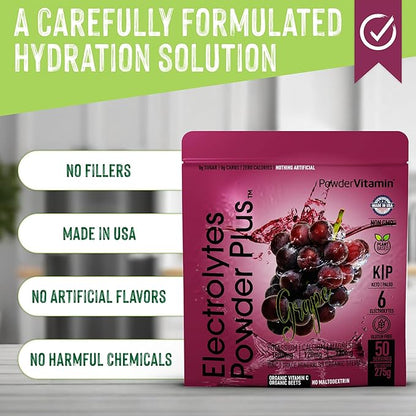 Electrolytes Powder Plus (50 Servings) Grape Electrolyte Powder Zero Calorie Keto, 0 Sugar, No Maltodextrin,1000mg Potassium,120mg Calcium,120mg Magnesium, Hydration Powder