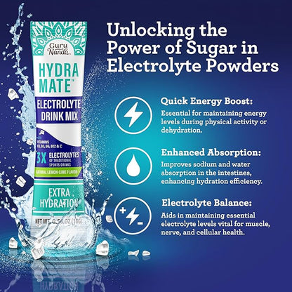 GuruNanda Hydramate Hydration Support Drink Mix - Electrolyte Powder Packets for Dehydration, Exercise & Energy - No Added Sweeteners, Non-GMO, Natural Lemon Lime Flavor - 12 Count (0.56 oz Each)