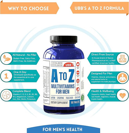 A to Z Multivitamin and Multimineral Supplement for Men - 3 Month Supply - Vitamins A C D E K B1 B2 B6 B12 Magnesium Calcium Biotin Potassium Zinc - Antioxidants for Heart & Immune Health (100 Count)