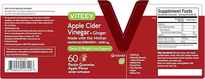 Apple Cider Vinegar Gummies 1,000mg Plus Ginger, ACV with The Mother, Detox Cleanse for Weight Loss and Immune Support, Vegan, Gluten Free, Gelatin Free, GMO Free - Chewable Apple Flavored Gummy
