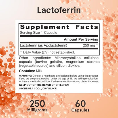 Jarrow Formulas Lactoferrin 250 mg - Immune-Supporting Glycoprotein - For Healthy Immune System Support & Iron Absorption - Freeze Dried - Gluten Free - Non-GMO - 60 Capsules (Servings)