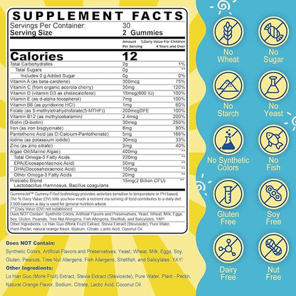 Kids Multivitamin Liquid Filled Gummies, Kids Vitamins for Ages 4+ with Probiotic, Omega 3, Iron, Support Immune & Brain Health, Digestive Health, Non GMO, Gluten Free, Chewable Fruit Flavor