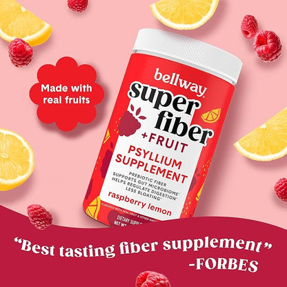 Bellway Super Fiber Powder + Fruit (3 Pack), Sugar Free Organic Psyllium Husk Powder Fiber Supplement for Regularity, Bloating Relief & Gut Health, Non-GMO, Plant-Based, Raspberry Lemon (150 Servings)