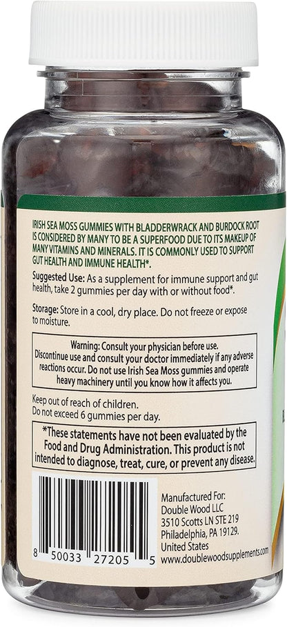 Sea Moss Gummies for Adults Max Strength 3,000mg (60 Irish Sea Moss Gel Gummies Enhanced with Bladderwrack and Burdock Root) Superfood Gummies for Immune Support (Non-GMO, Gluten Free) by Double Wood