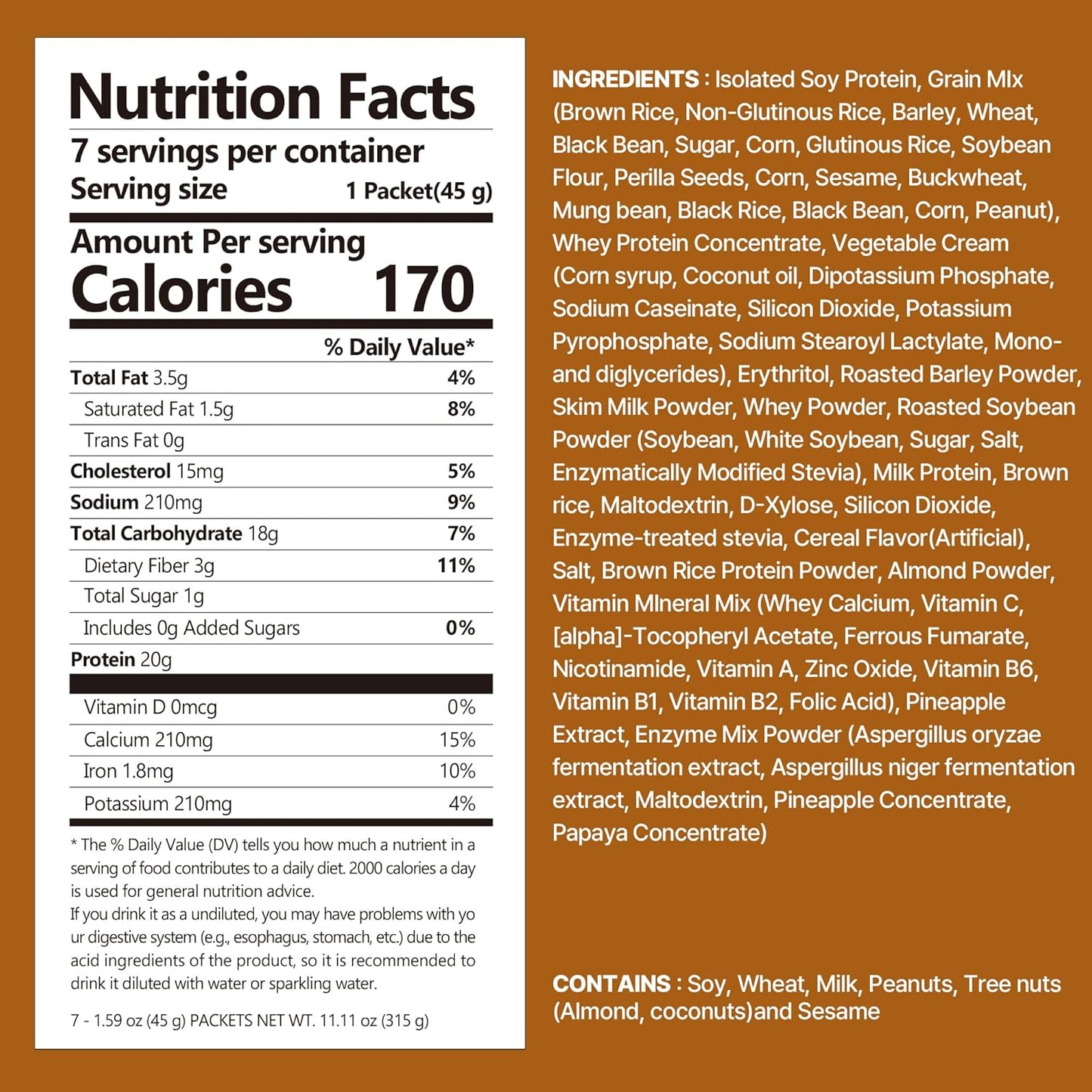 Brown 17Grains Protein Shake, 20g Protein, Low Sugar, Keto-Friendly Meal Replacement Shake, 1.59oz, 7packs, With Crunchy Protein Crisps