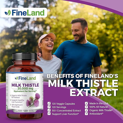 FineLand MILK THISTLE SILYMARIN Extract 50:1, Max Strength 20,000mg Eq Per Capsule, Liver Cleanse Detox, Liver Health Support Supplement, Antioxidant,120 Veggie Caps, 4 Months’ Supply, Vegan, Natural.