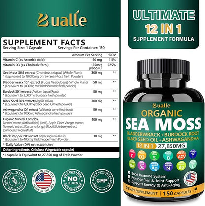 Organic Sea Moss Capsules 27,850mg with Sea Moss,Black Seed Oil,Ashwagandha,Bladderwrack,Ginger,Burdock Root for Immune System,Skin,Energy Support-USA Made (150 Capsules)