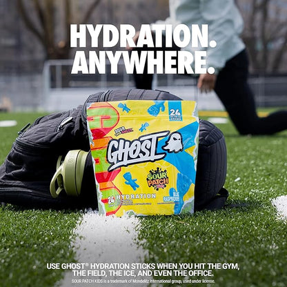 GHOST Hydration Packets, Sour Patch Kids Blue Raspberry, 24 Sticks, Electrolyte Powder - Drink Mix Supplement with Magnesium, Potassium, Calcium, Vitamin C - Vegan, Free of Soy, Sugar & Gluten