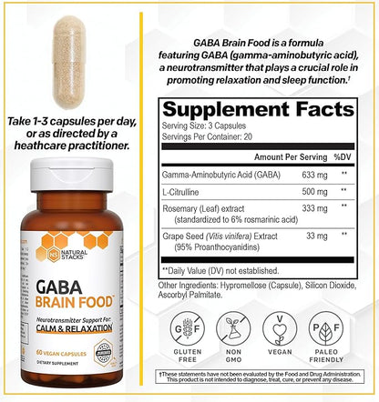 NATURAL STACKS GABA Supplement - L-Citrulline & Grape Seed Extract - Deep Relaxation and Calm - Night Time Aid - Promotes Healthy Production of GABA (Gamma-Aminobutyric Acid) - 60 Capsules
