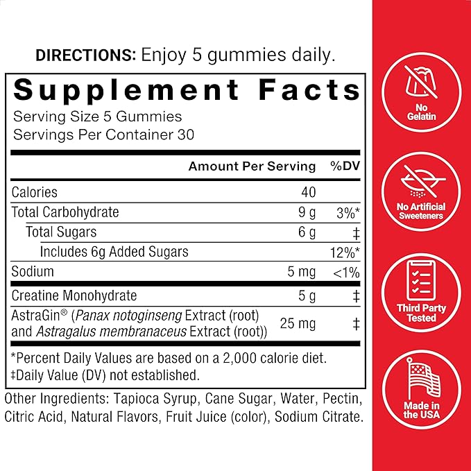 Force Factor Creatine Gummies, Creatine Monohydrate for Muscle Gain, More Strength, and Faster Recovery, Clinically Studied Creatine 5g Dose, Mixed Berry, 30 Servings