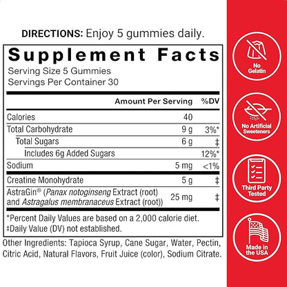 Force Factor Creatine Gummies, Creatine Monohydrate for Muscle Gain, More Strength, and Faster Recovery, Clinically Studied Creatine 5g Dose, Mixed Berry, 30 Servings