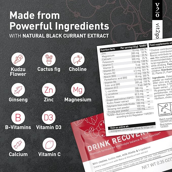 Drink Recovery Electrolytes Powder 250g with Vitamins, Vegan Electrolyte Packets for Hydration & Liver Detox, Blackcurrant Flavor (25 Portions)