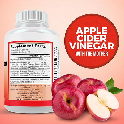 Apple Cider Vinegar Capsules - 100% Organic Apple Cider Vinegar Pills 1500 mg - Natural Digestion, Immune Booster Support & Cleansing Supplement with Probiotics - Made in The USA
