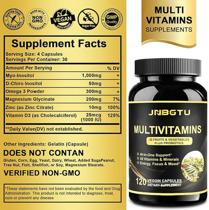 Myo-Inositol Supplement 1000mg, Magnesium Glycinate 200mg, D-Chiro Inositol 50mg, Omega-3 Powder 300mg, Zinc 10mg, Vitamin D3, Multivitamin/Multimineral Supplement. 240 Count