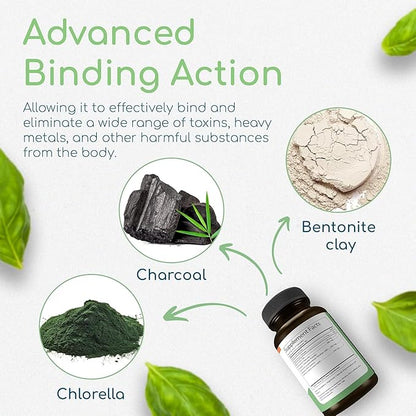 Binder Blend - Toxin Binder Supplement, Detox Capsules for a Healthy Gut - 180 Capsules - 90 Servings - 960mg Activated Charcoal & 480mg Organic Chlorella - Bloating Relief - Bentonite Clay, 3 Pack