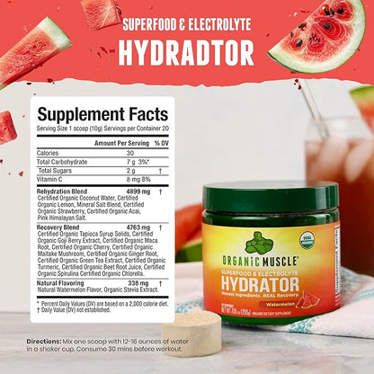 Organic Muscle Hydrator Electrolyte Powder, Watermelon - Vegan Intra & Post Workout Supplement for Natural Energy with Organic Superfoods & Antioxidants - Muscle Recovery Support - 20 Servings