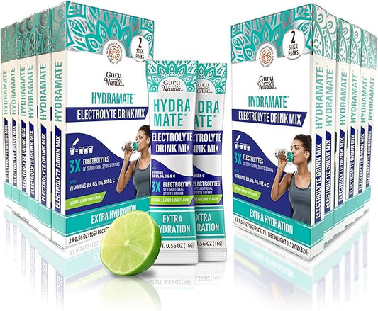 GuruNanda Hydramate Hydration Support Drink Mix - Electrolyte Powder Packets for Dehydration, Exercise & Energy - No Added Sweeteners, Non-GMO, Natural Lemon Lime Flavor - 24 Count (0.56 oz Each)