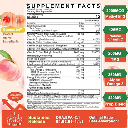 Vitamin B Complex Filled Gummies for Women & Men, Methylated B Complex w/Omega 3, Magnesium,CoQ10, Ashwagandha,Vitamin C, TMG -All B Vitamins- B1,B2,B3,B5,B6,B7,B9 Folate,B12,Inositol,PABA, Sugar Free
