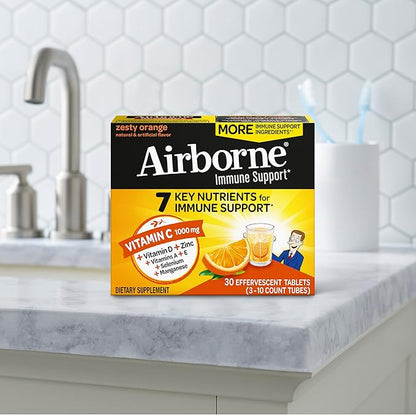 Airborne 1000mg Vitamin C with Zinc, SUGAR FREE Effervescent Tablets, Immune Support Supplement with Powerful Antioxidants Vitamins A C & E - 30 Fizzy Drink Tablets, Zesty Orange Flavor