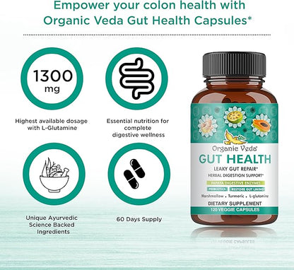 Organic Veda Gut Health Supplement - Leaky Gut Repair Capsules with Papaya Digestive Enzymes, Prebiotics, L-Glutamine, Turmeric - Support Bowel Movement & Cleanse Colon - 120 Count