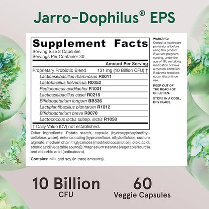 Jarrow Formulas Jarro-Dophilus EPS Probiotics 10 Billion CFU for Intestinal Tract Support, Probiotic Supplement for Gut Health for Women and Men, 60 Veggie Capsules, Up to a 30 Day Supply