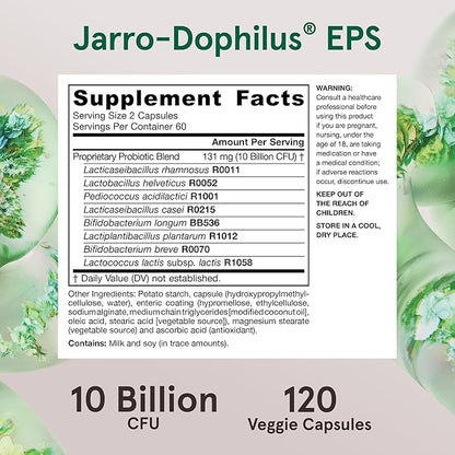 Jarrow Formulas Jarro-Dophilus EPS Probiotics 10 Billion CFU for Intestinal Tract Support, Probiotic Supplement for Gut Health for Women and Men, 120 Veggie Capsules, Up to a 60 Day Supply ,Pack of 12
