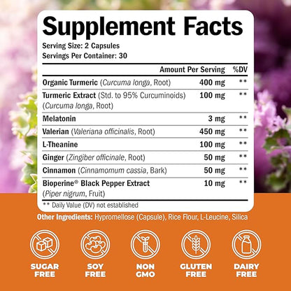 Turmeric, Melatonin & Valerian Root Sleep Aid Supplement. Natural Sleep Aid for Adults with L-Theanine, Ginger & Black Pepper Extract. Melatonin 3mg, Valerian Root Capsules. Relaxation & Sleep Support