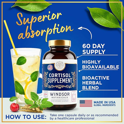 Cortisol Supplement & Cortisol Reducer - Advanced Cortisol Regulation Supplements with Calming Ashwagandha, L-Tyrosine - Mood, Stress, Sleep Support Cortisol Blocker for Women and Men - 60 Capsules