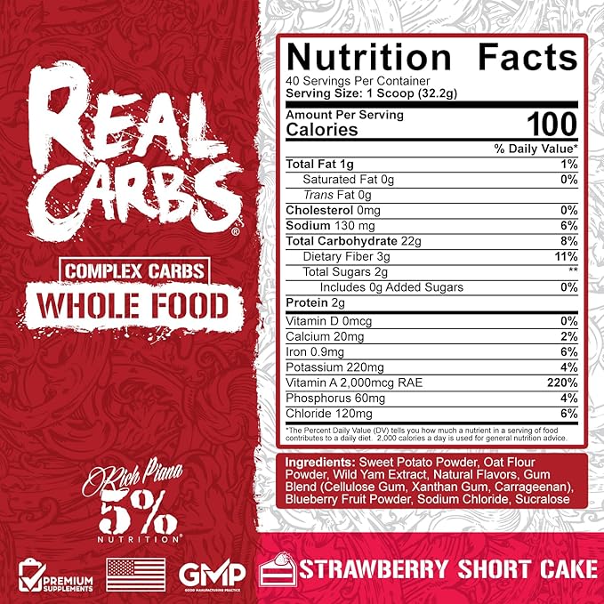 5% Nutrition Rich Piana Real Carbs with Real Food Complex Carbohydrates, Long-Lasting Low Glycemic Energy for Pre-Workout/Post-Workout Recovery Meal, 2.84 lb, 40 Servings (Strawberry Shortcake)