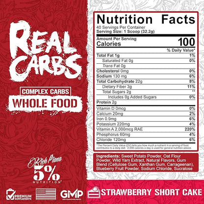 5% Nutrition Rich Piana Real Carbs with Real Food Complex Carbohydrates, Long-Lasting Low Glycemic Energy for Pre-Workout/Post-Workout Recovery Meal, 2.84 lb, 40 Servings (Strawberry Shortcake)