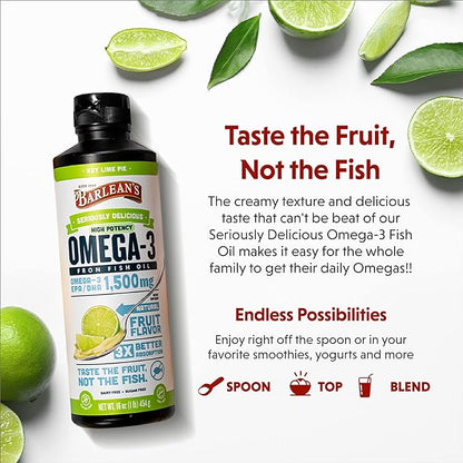 Barlean's Key Lime Pie High Potency Omega 3 Fish Oil Liquid Supplement, 1500mg of EPA& DHA Fatty Acid, Smoothie Flavored & Burpless for Brain, Joint, & Heart Health, 8 oz