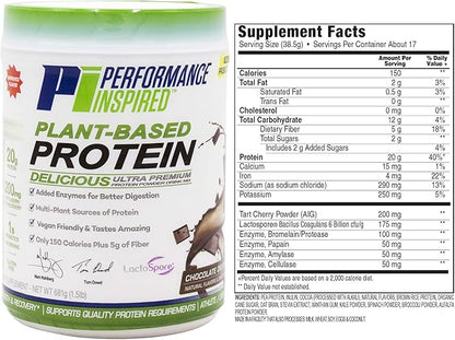 Performance Inspired Nutrition Plant Protein Powder - All Natural - 20G - 1B Probiotics - Digestive Enzymes - Fiber Packed - G Free - Chocolate Delight - 1.5lb