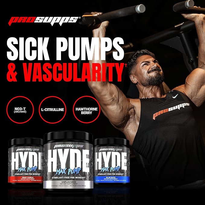 PROSUPPS Hyde Max Pump Pre Workout for Men and Women - Nitric Oxide Supplement for Pump and Endurance - Stimulant Free Pre Workout to Promote Blood Flow and Muscle Strength (Unflavored, 20 Servings)