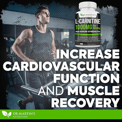 DR. MARTIN'S NUTRITION Extra Strength L-Carnitine - 200 Capsules - 1000mg Per Serving - Boost Your Metabolism and Increase Performance