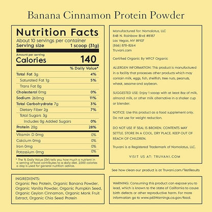 Truvani Vegan Pea Protein Powder | Banana Cinnamon | 20g Organic Plant Based Protein | 10 Servings | Keto | Gluten & Dairy Free | Low Carb | No Added Sugar