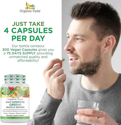 Organic Veda Superfood Greens Fruits & Vegetables 300 Capsules | 30 Daily Organic Fruits & Veggies with Chlorophyll, Papaya Enzymes, Acerola Vitamin C, Turmeric, Beet, Moringa, Green Tea Extract