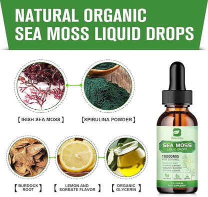 Sea Moss Liquid Drops - Organic Irish Sea Moss Gel with Spirulina, Bladderwrack, Burdock Root, Seamoss Gel Supplement for Immune, Joint, Detox Cleanse & Digestion Support - 2 Fl Oz, Vegan