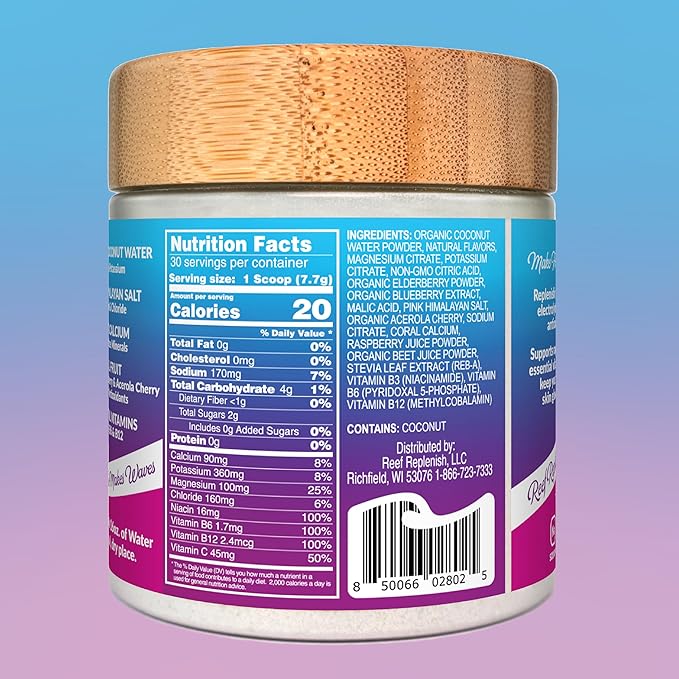 Reef Replenish Hydrating Electrolyte Drink Mix - Wildberry, 30 Servings - Hydration Powder w/Coconut Water - Non-GMO, No Added Sugar, 5 Key Electrolytes + Vitamins, Natural Trace Minerals, USA Made